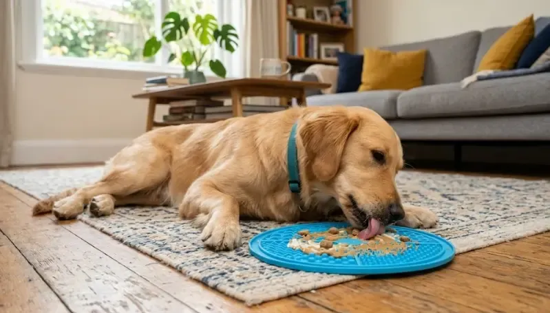 Un perro concentrado lamiendo comida de una alfombrilla de lamido o lick mat para combatir el aburrimiento