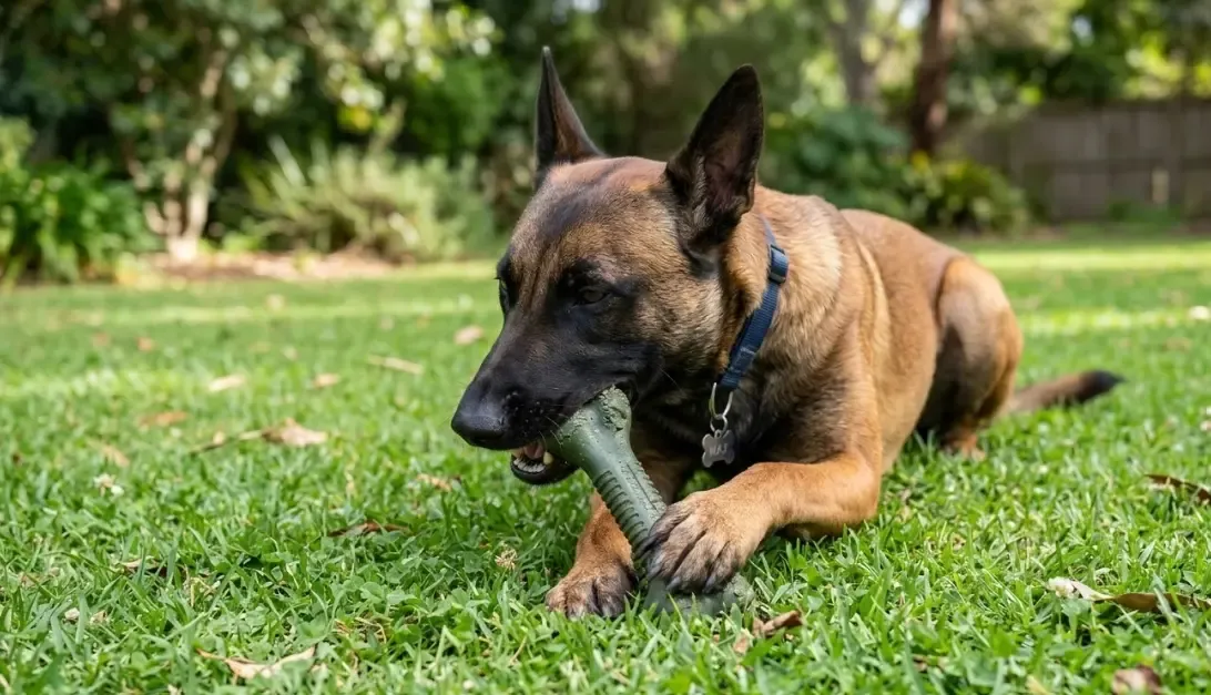 Un perro Pastor Belga Malinois concentrado mordiendo un resistente hueso de nylon en el césped
