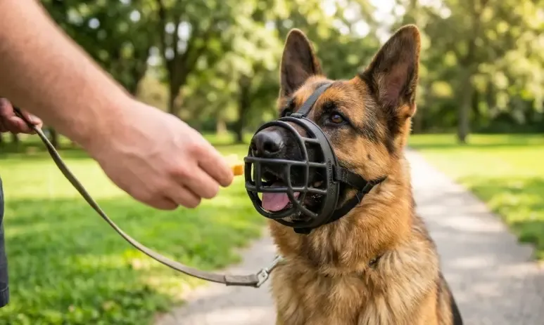 Dueño premiando a un perro Pastor Alemán que lleva puesto un bozal de cesta tipo Baskerville en el parque