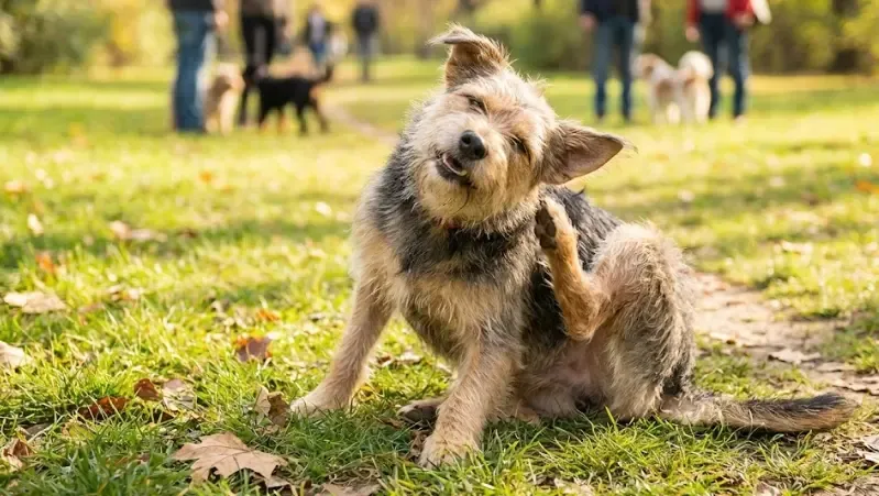 Perro rascándose la oreja con molestia en un parque