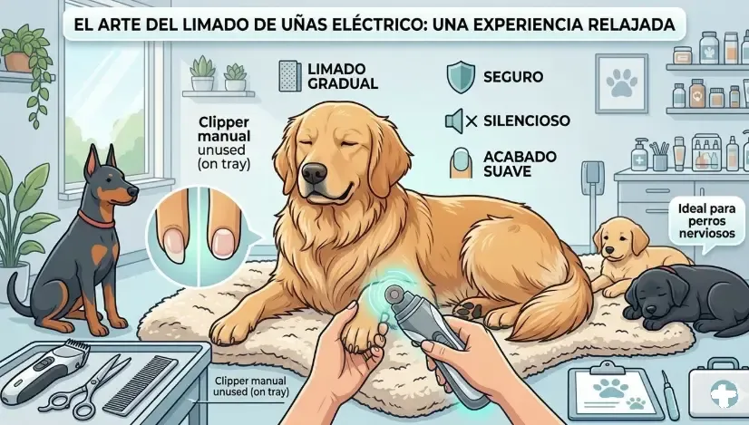 Dueño utilizando una lima eléctrica silenciosa en la pata de un perro relajado sobre una manta