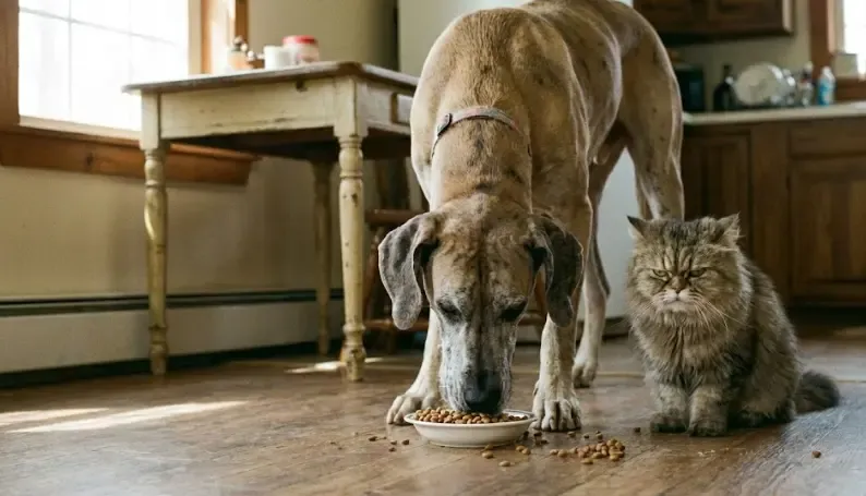 Perro intentando comer del plato del gato mientras el gato mira indignado