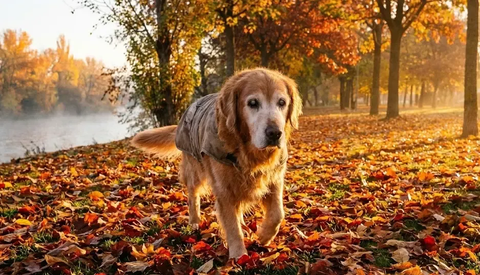 Un perro labrador senior caminando lentamente por un parque otoñal