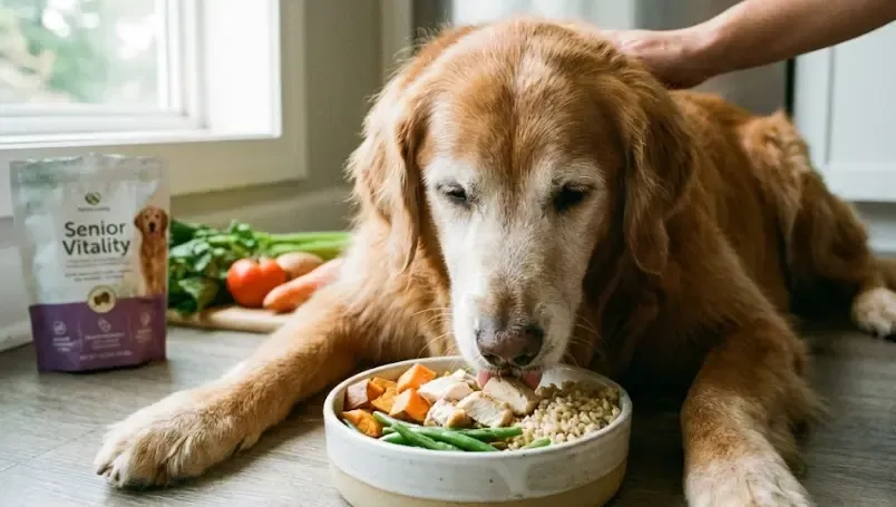 Perro senior comiendo de un cuenco elevado para su comodidad