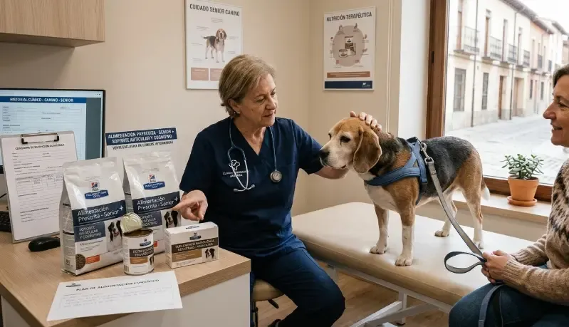 Perro senior de raza Golden Retriever mirando un saco de pienso de prescripción veterinaria junto a su dueño