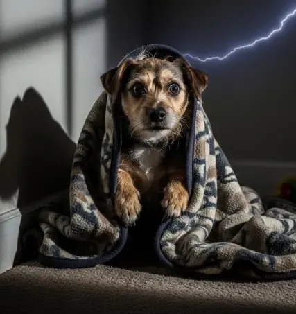 Perro temblando envuelto en una manta mientras su dueño le acaricia para calmarlo