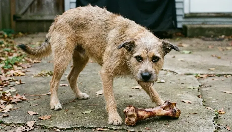 Perro tenso protegiendo un hueso en el suelo con la mirada fija