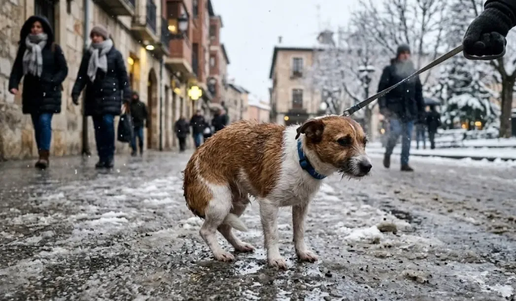 Perro de pelo corto tiritando de frío en la calle durante un paseo invernal