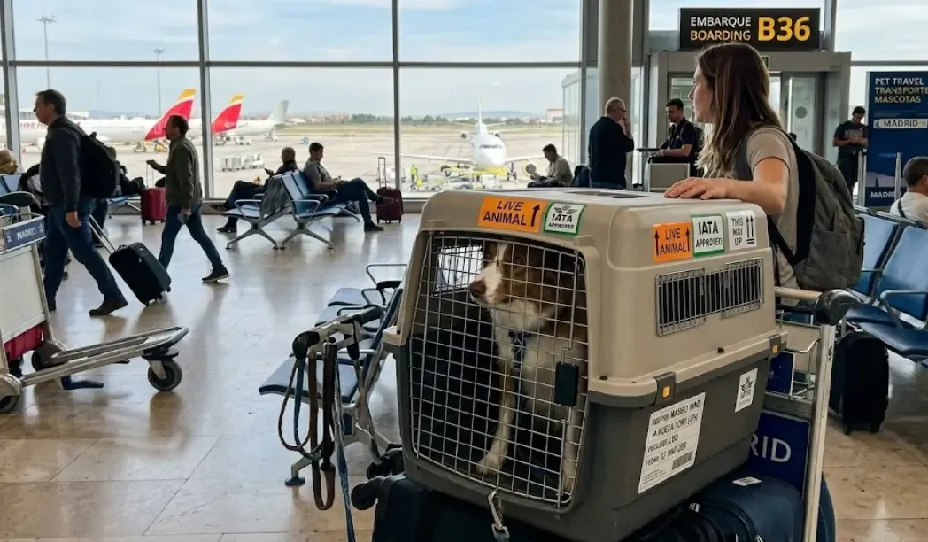 Un perro de raza mediana dentro de un transportín rígido homologado IATA en la terminal de un aeropuerto