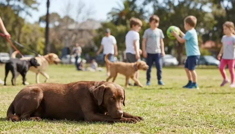 Perro tumbado y tranquilo en un parque con distracciones de fondo