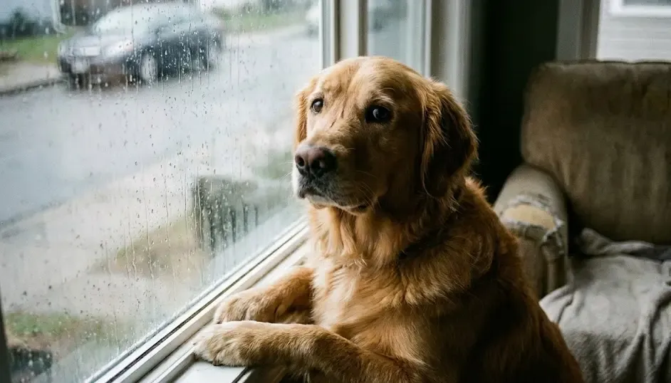 Perro mirando por la ventana con expresión de angustia esperando a su dueño