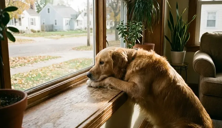 Perro mirando por la ventana tranquilamente esperando a su dueño