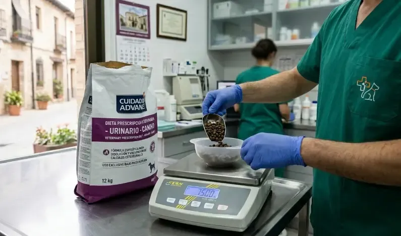 Dueño pesando milimétricamente la ración de pienso veterinario en una báscula digital