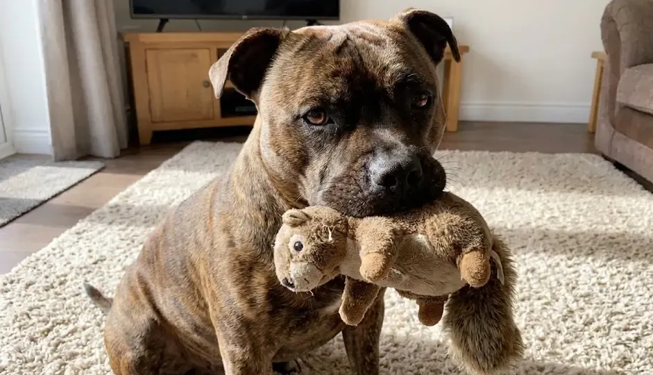 Perro tipo Pitbull con expresión dulce y un juguete en la boca