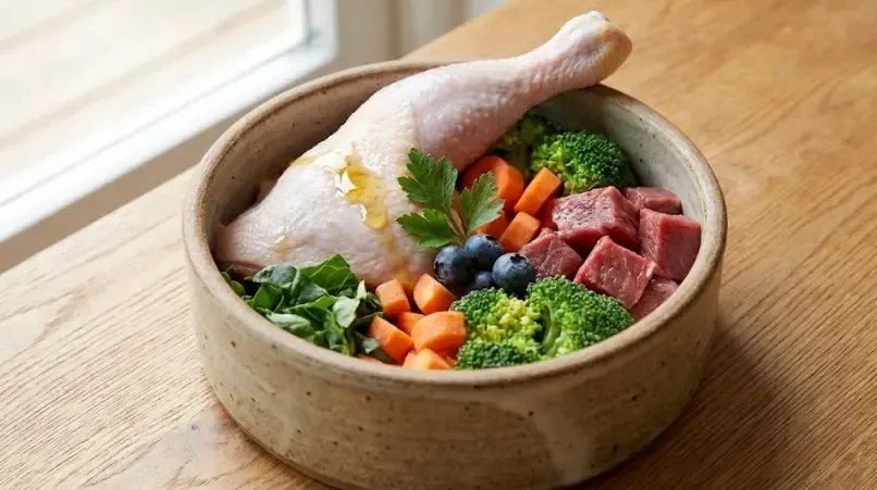 Plato preparado con dieta BARF: carne, huesos carnosos y vegetales frescos