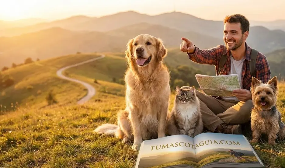 Hombre sentado en un paisaje montañoso al atardecer junto a un Golden Retriever, un gato y un Yorkshire Terrier. El hombre sostiene un mapa y señala hacia el horizonte en actitud de aventura. En primer plano, un libro abierto muestra el texto TUMASCOTAGUIA.COM.