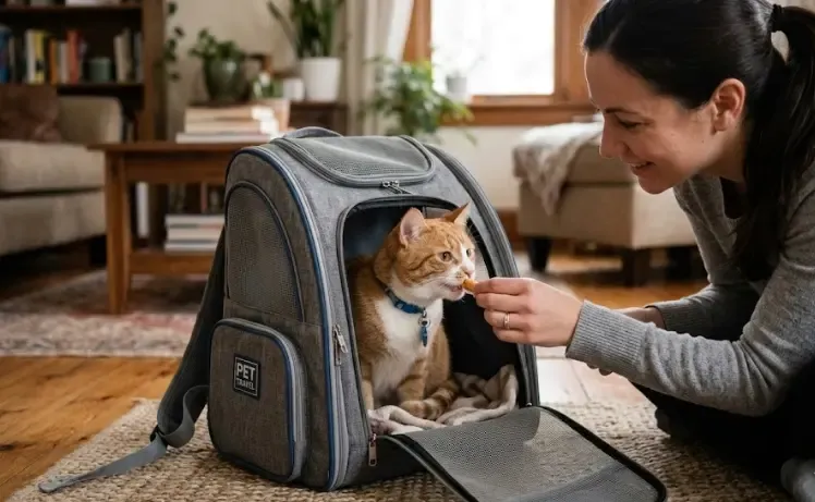 Dueño dando un premio a su gato a través de la apertura superior de la mochila antes de salir