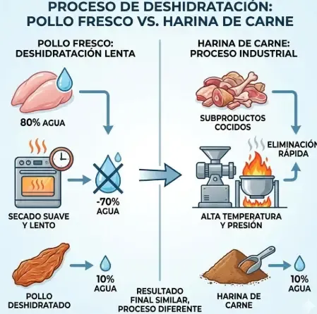 Infografía explicativa: Proceso de deshidratación del pollo fresco vs harina ya seca