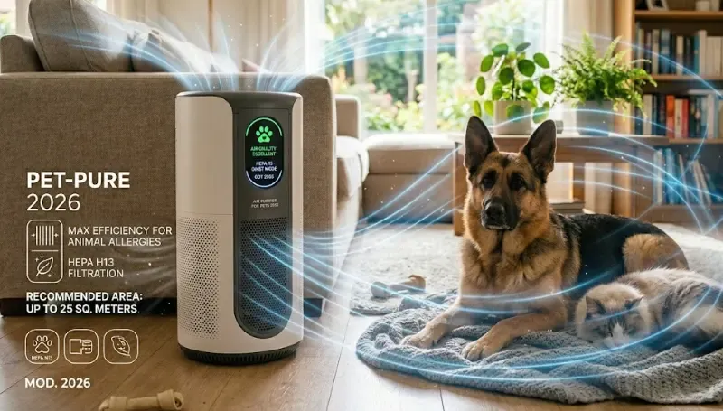 Purificador de aire HEPA para alergias a mascotas en sala de 25 metros cuadrados con perro pastor alemán y gato descansando. El flujo de aire limpio se representa con líneas azules