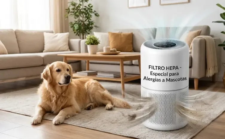 Purificador de aire moderno con filtro HEPA encendido en un salón luminoso, cerca de la cama del perro