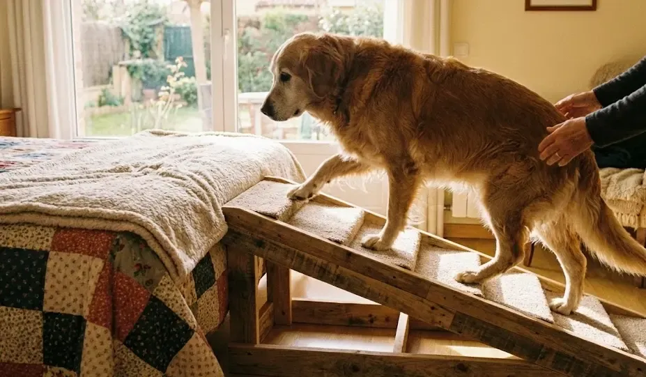 Perro senior subiendo a la cama mediante una rampa de madera adaptada