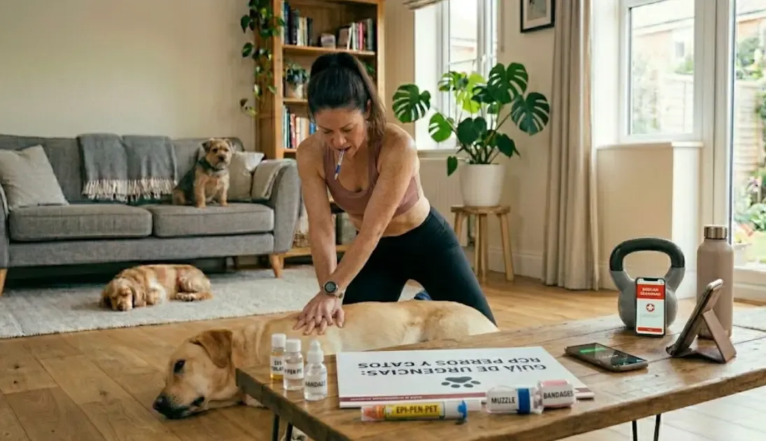 Dueño realizando RCP a un perro labrador en el suelo con manos sobre el pecho