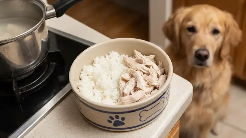 Plato con arroz blanco muy hervido y pechuga de pollo desmenuzada, la clásica dieta blanda