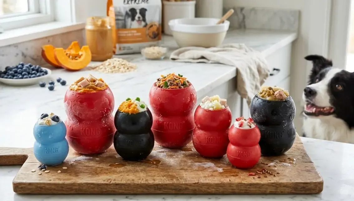 Variedad de juguetes Kong rellenos con diferentes recetas saludables y congelados