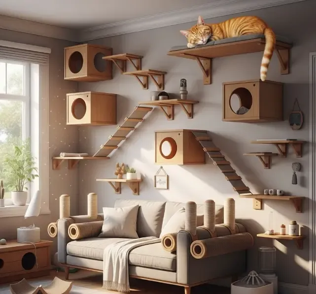 Salón de casa gatificado con estantes de pared y un gato naranja descansando en lo alto