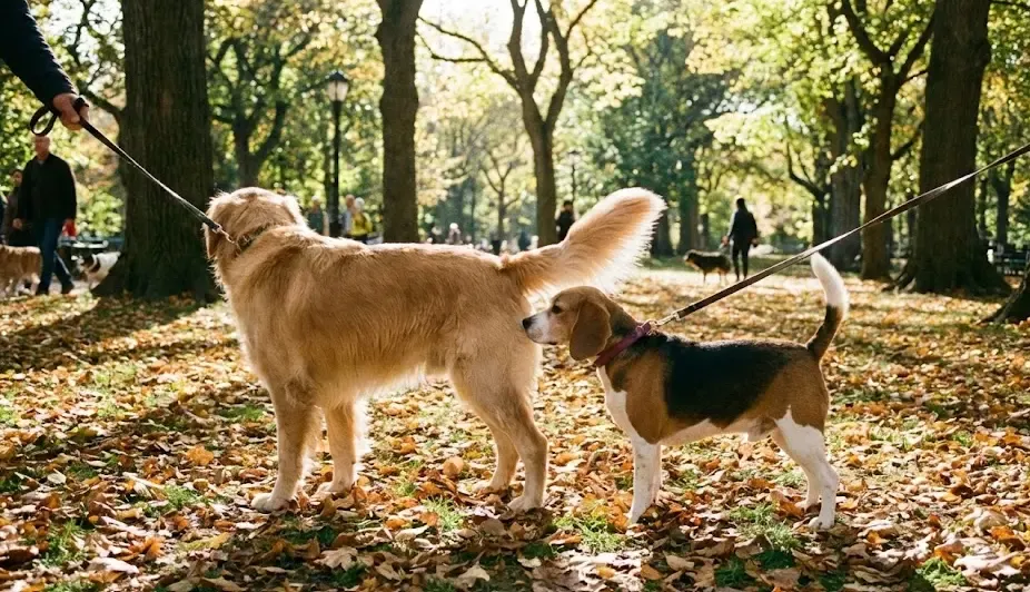 Dos perros oliéndose educadamente de forma lateral en un parque
