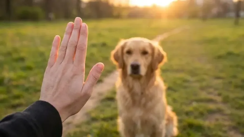 Dueño haciendo la señal de quieto con la mano a su perro en un entorno tranquilo