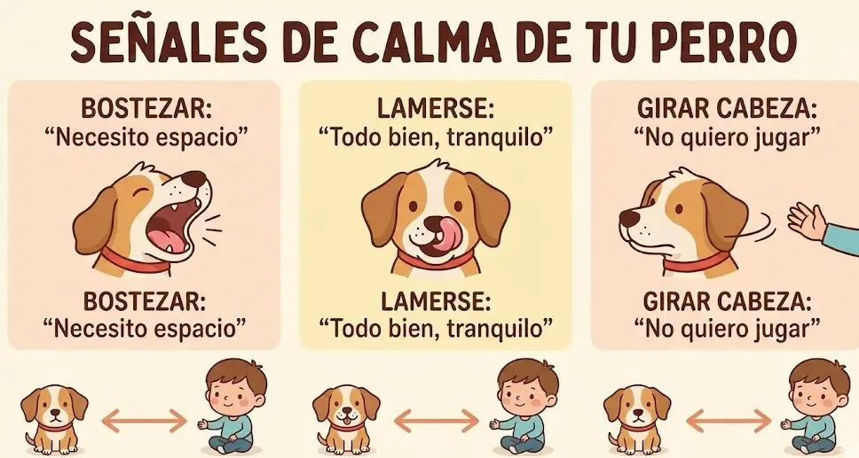 Infografía de señales de calma en perros para enseñar a niños: bostezar, lamerse, girar cabeza