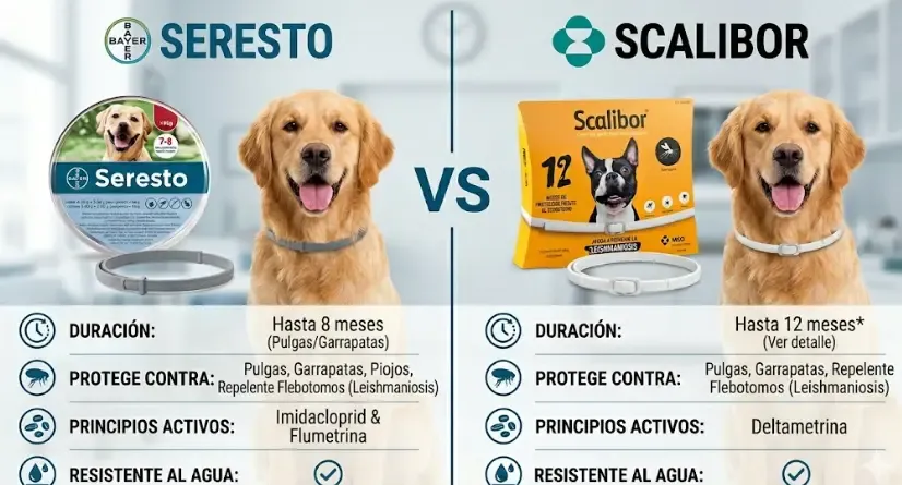 Comparativa visual de los collares Seresto y Scalibor colocados en un perro