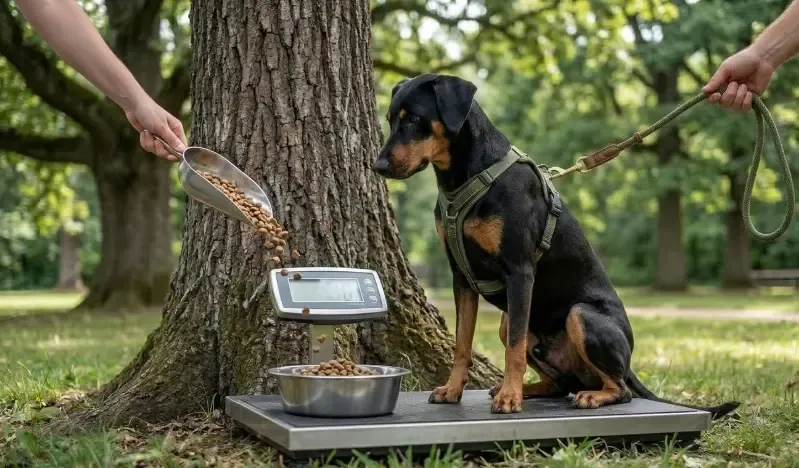 Dueño sirviendo una ración pesada de pienso específico para perros esterilizados