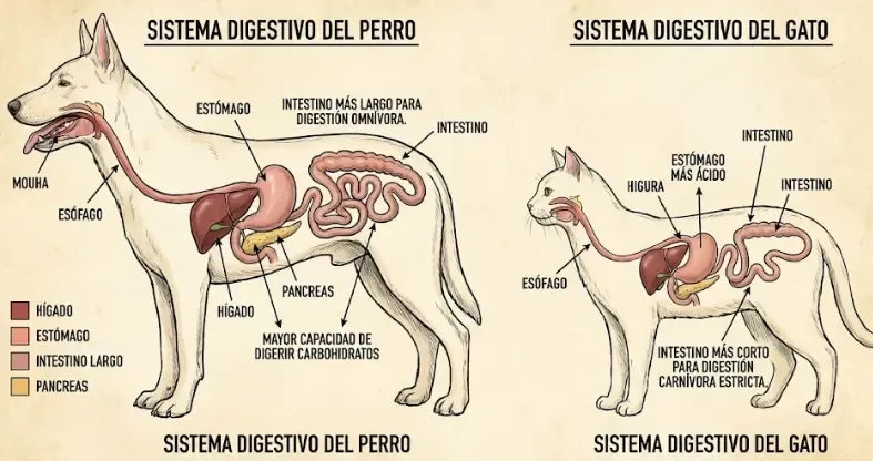 Infografía comparativa del sistema digestivo del perro y el gato
