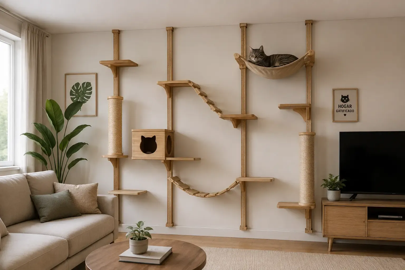 Sistema modular de gatificación vertical instalado en salón con gato descansando en la hamaca superior