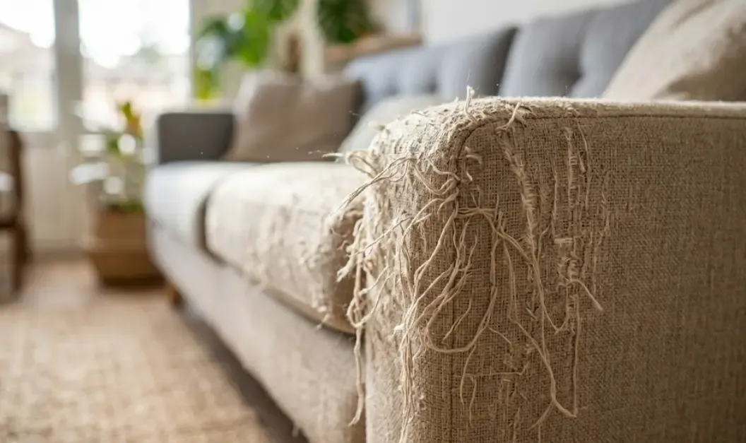 Primer plano de la esquina de un sofá de tela beige con múltiples hilos sueltos y arañazos visibles