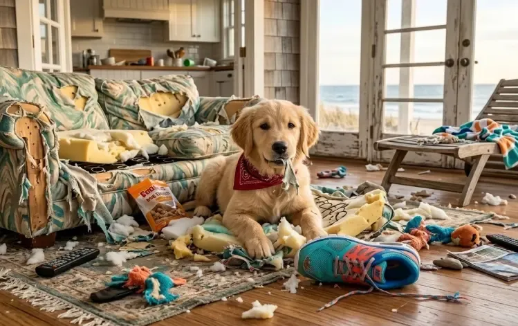 Un sofá de diseño moderno con la tapicería de tela rasgada y la espuma blanca asomando por culpa de un perro aburrido