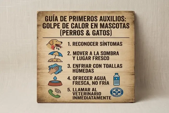 Tabla de infografía mostrando qué hacer (agua fresca, ventilador) y qué no hacer (hielo, sumergir completamente)