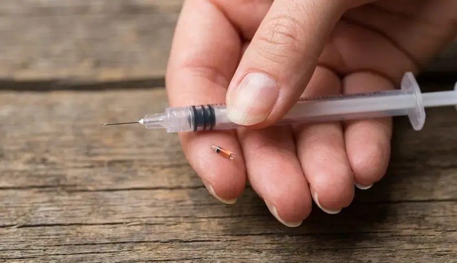 Mano sosteniendo una pequeña jeringa y un microchip del tamaño de un grano de arroz