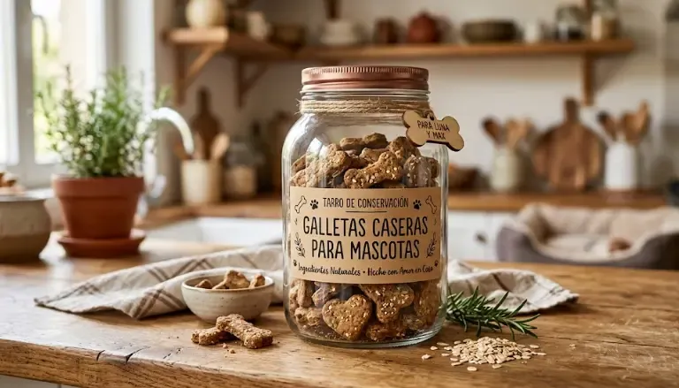 Tarro de cristal hermético con galletas caseras para perros perfectamente conservadas, listas para usar en adiestramiento