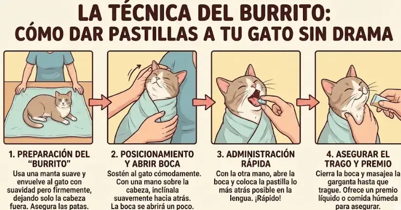 Infografía paso a paso de la técnica del burrito para dar pastillas a gatos