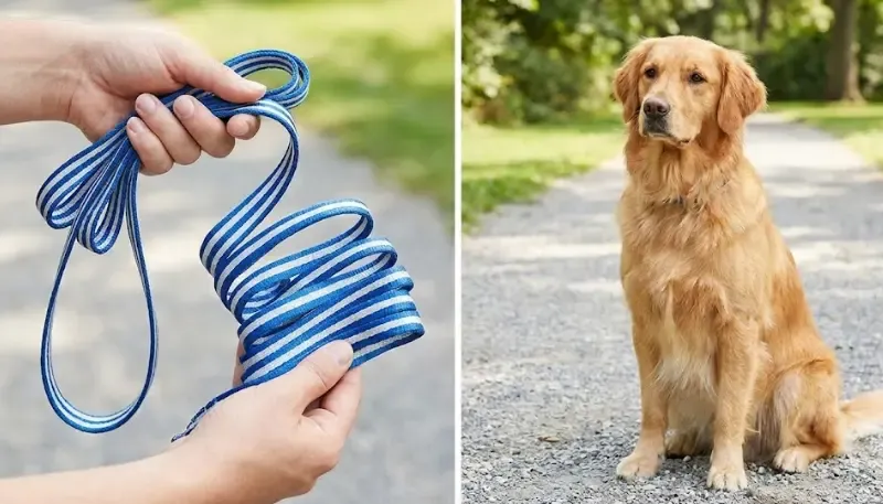 Infografía paso a paso de cómo sujetar una correa de adiestramiento en forma de acordeón