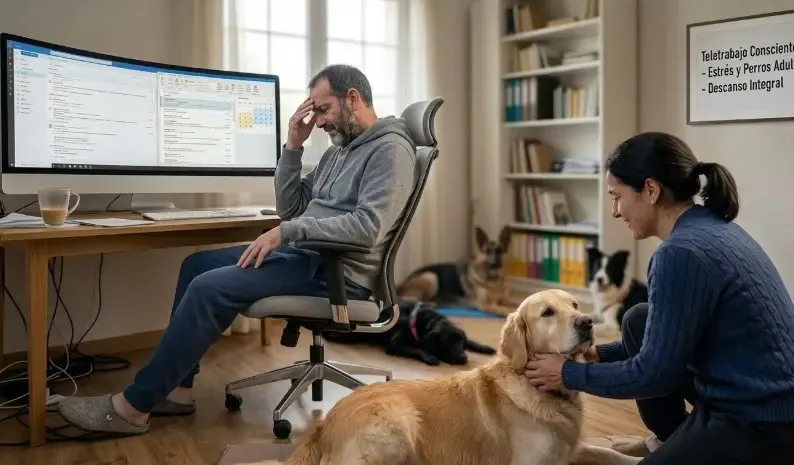 Profesional teletrabajando en casa acariciando a su perro adulto para reducir el estrés