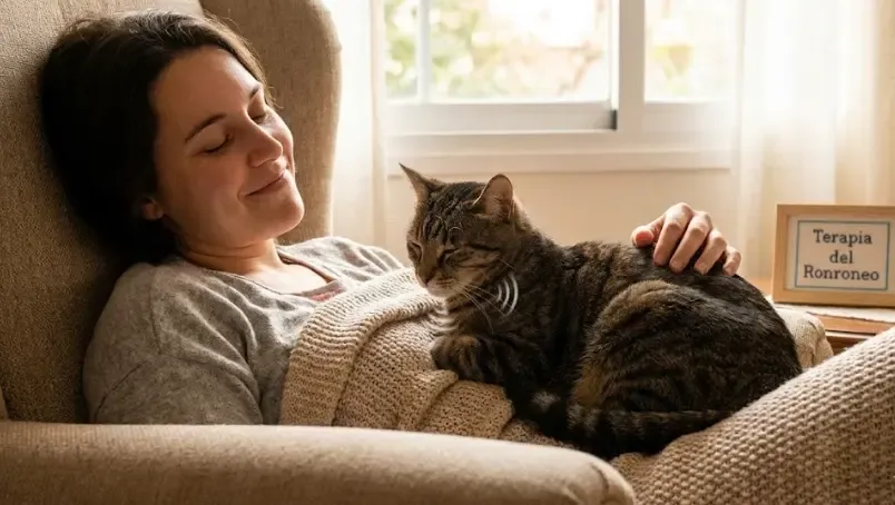 Persona relajada con un gato ronroneando sobre su pecho