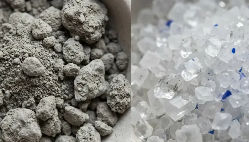 Primer plano de las texturas: bentonita gris vs cristales de sílice blancos