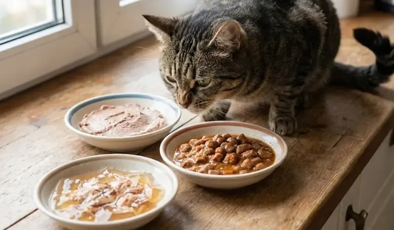 Gato oliendo diferentes texturas de comida húmeda: paté, salsa y gelatina