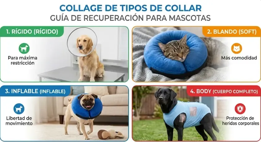 Collage de tipos de collar: rígido, blando, inflable y body