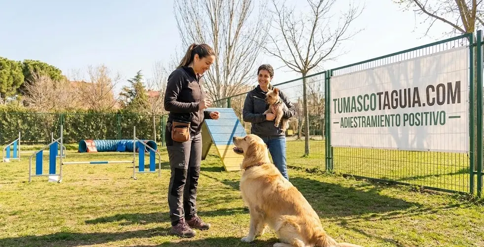 adiestrador entrenando a un perro en un parque, utilizando técnicas positivas para enseñar comandos básicos y mejorar el comportamiento del animal, destacando la importancia del adiestramiento para una convivencia armoniosa entre mascotas y dueños.