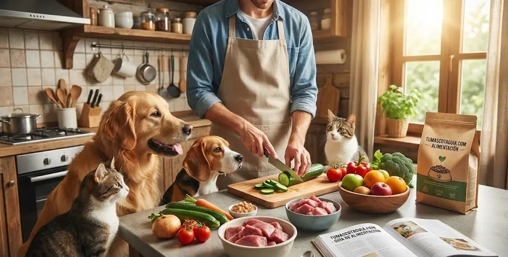 Mesa con platos de comida saludable para mascotas, incluyendo croquetas, verduras y proteínas, destacando la importancia de una dieta equilibrada para el bienestar de los animales.